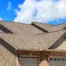 Front view of a house with a brown roof, brick wall, and garage door, set against a blue sky with white clouds.