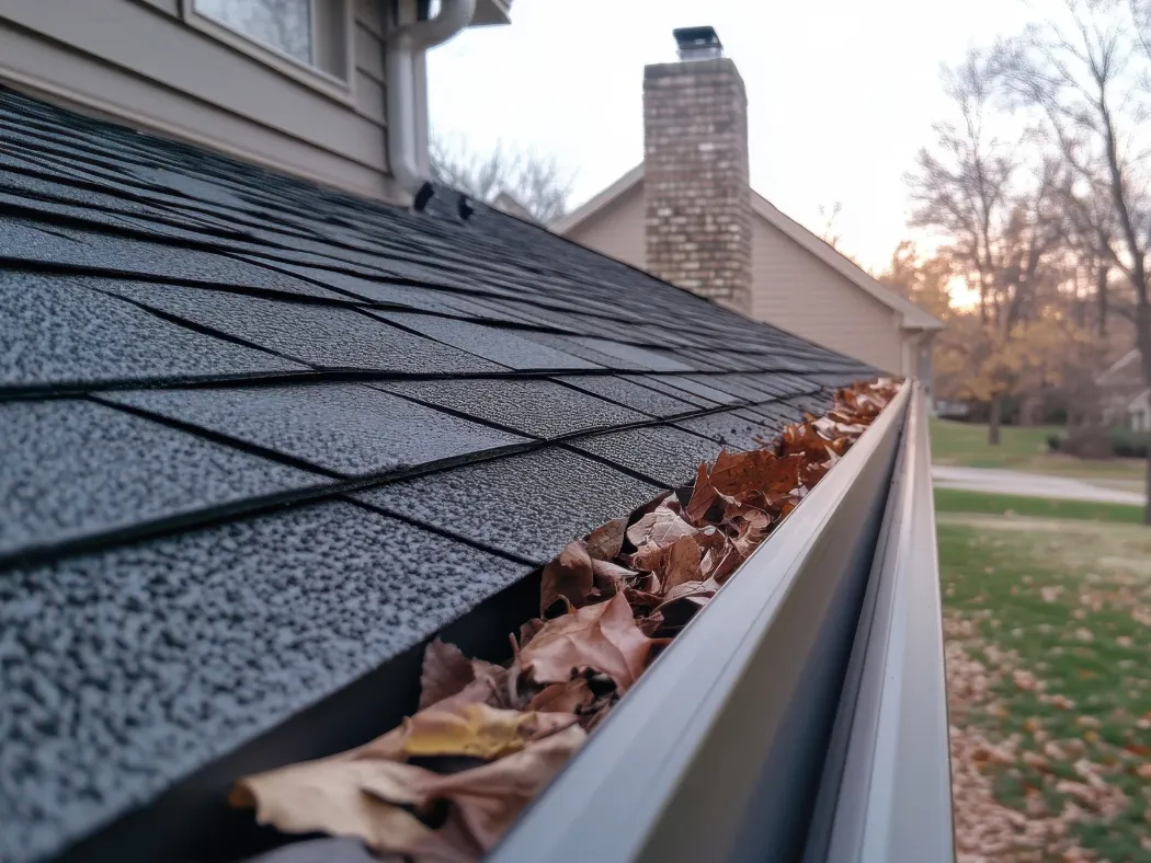 Clogged home gutter filled with dry fall leaves along an asphalt shingle roof, with a brick chimney and suburban house in the background at sunset.